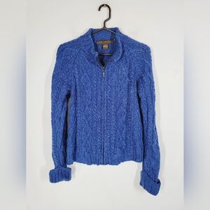 Inis Crafts Merino Wool Blue Cable Knit Catdigan Sweater, Size Medium